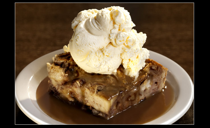 food photography of bread pudding desert